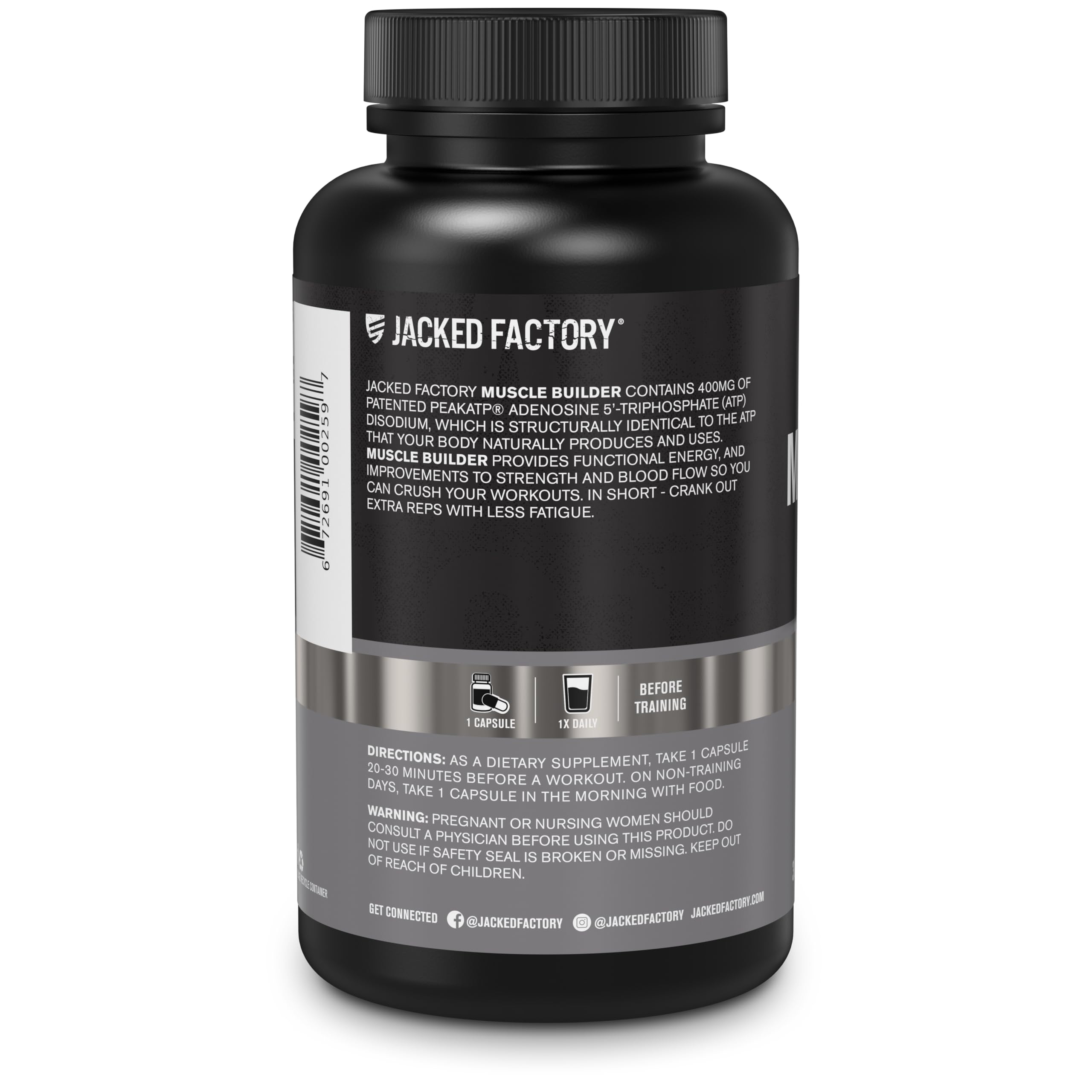 Jacked Factory Essentials Muscle Builder bottle and capsules highlight Peak ATP
