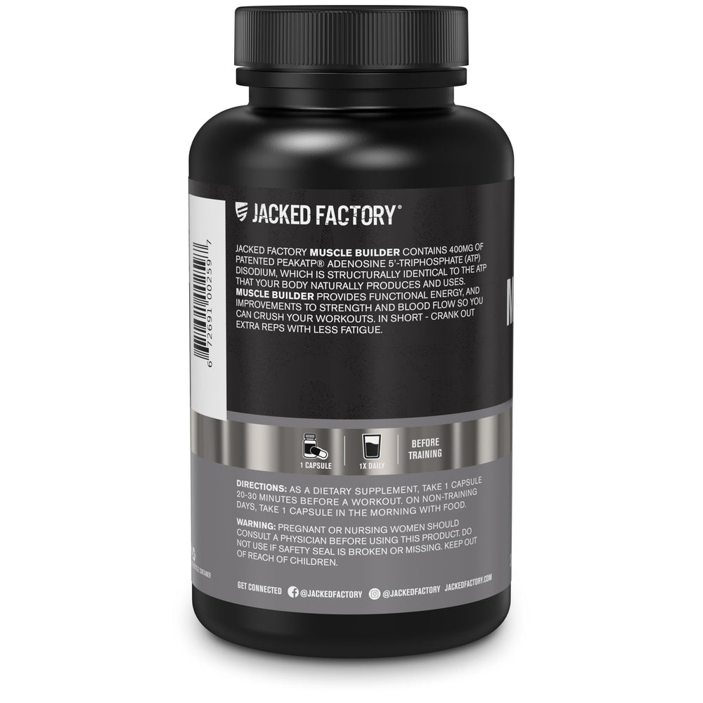Jacked Factory Essentials Muscle Builder bottle and capsules highlight Peak ATP
