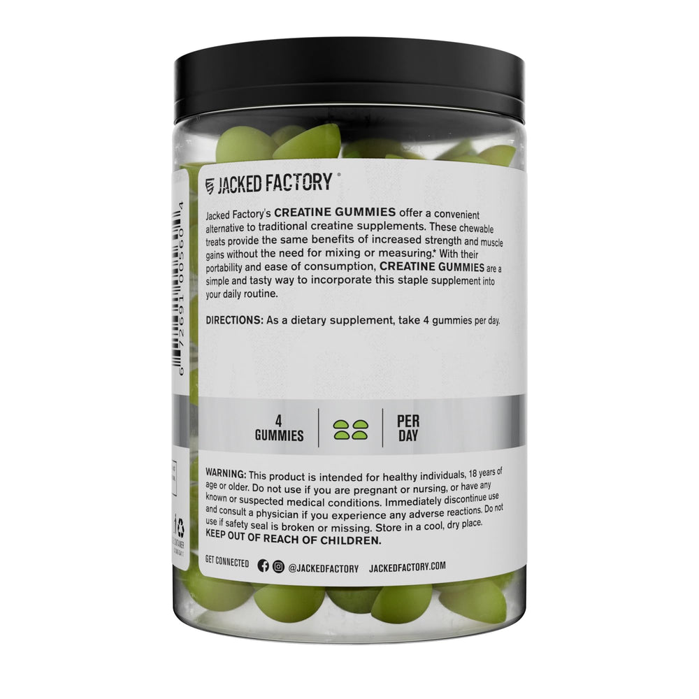 Jacked Factory Green Apple gummies close-up, vegan-friendly creatine source