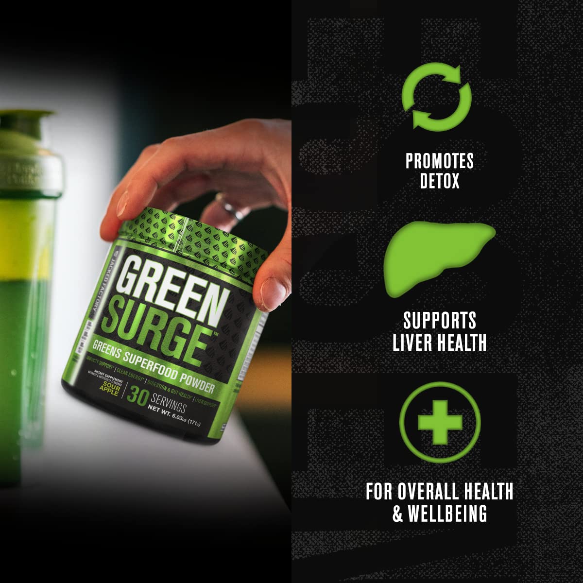 Jacked Factory Green Surge bottle front label highlights keto-friendly greens.
