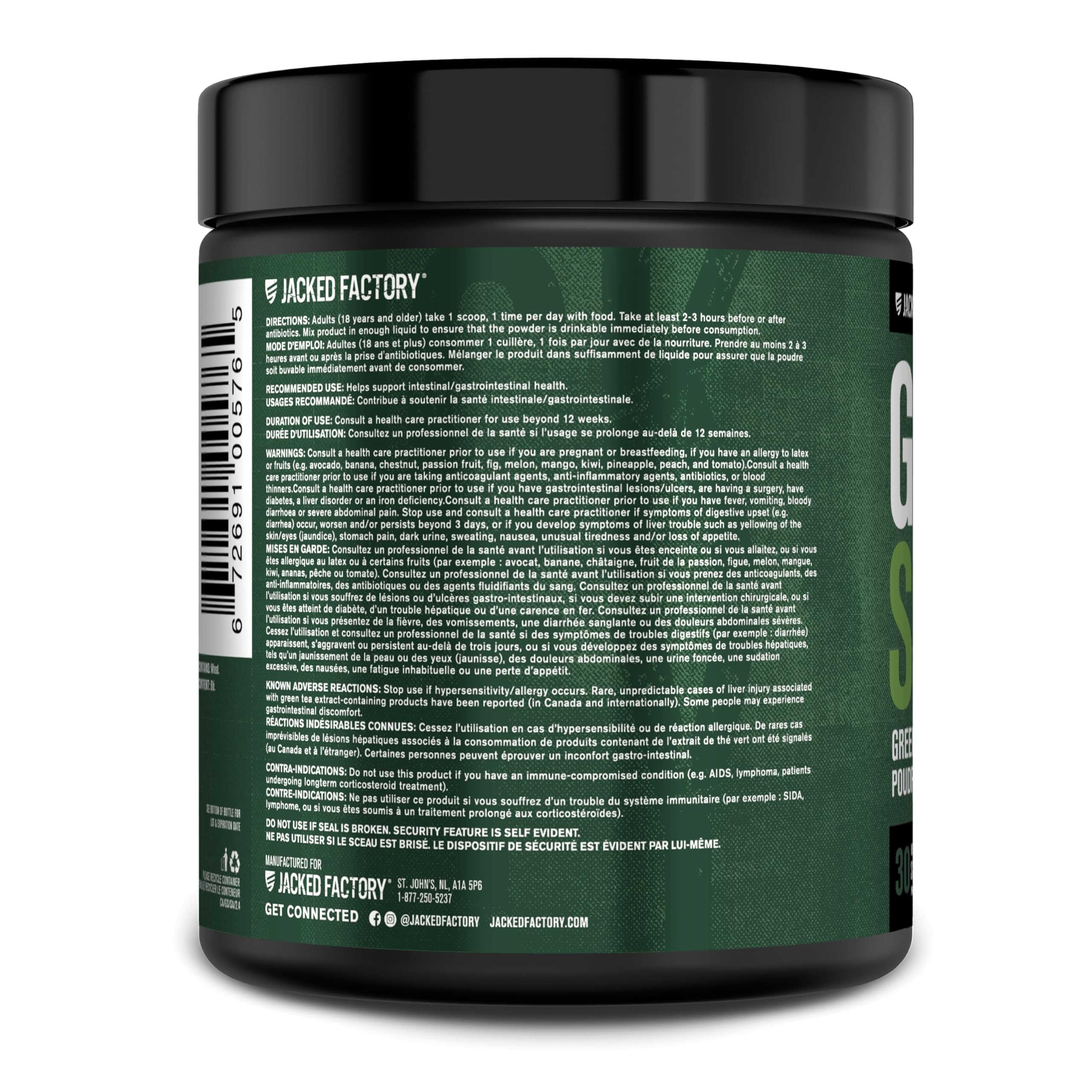 Jacked Factory Green Surge green tea and grape seed extracts suggest antioxidant benefits.