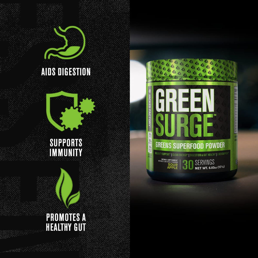 Jacked Factory Green Surge ingredients panel lists spirulina, wheatgrass, and probiotics.