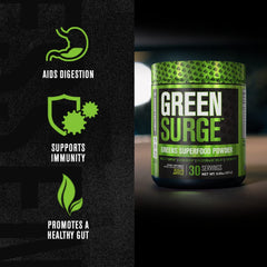 Jacked Factory Green Surge ingredients panel lists spirulina, wheatgrass, and probiotics.