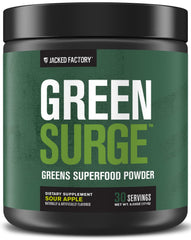 Jacked Factory Green Surge powder jar showcases vibrant greens for daily nutrition.