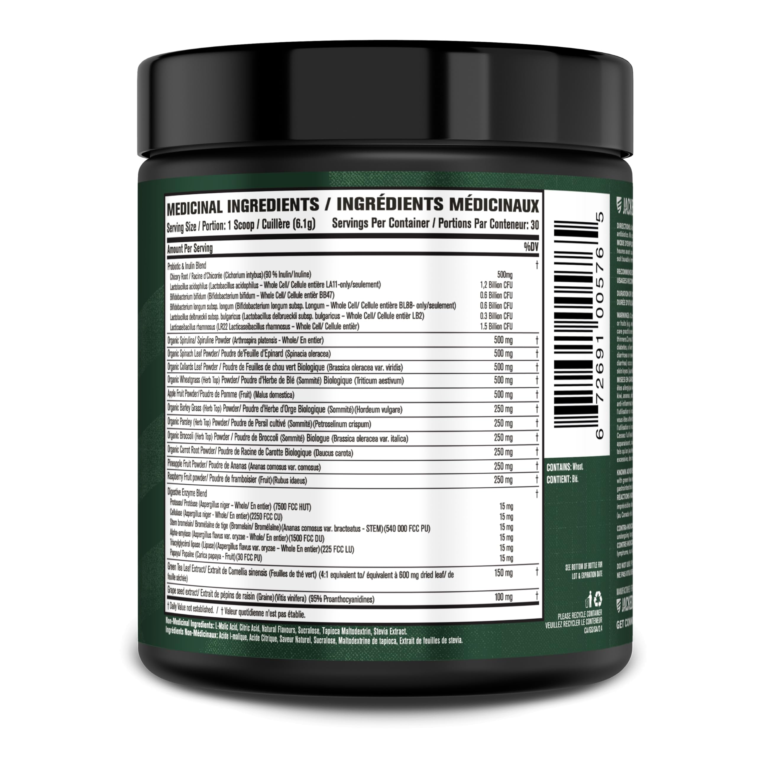 Jacked Factory Green Surge probiotic blend highlights gut-friendly support.