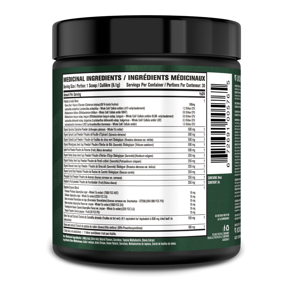 Jacked Factory Green Surge probiotic blend highlights gut-friendly support.