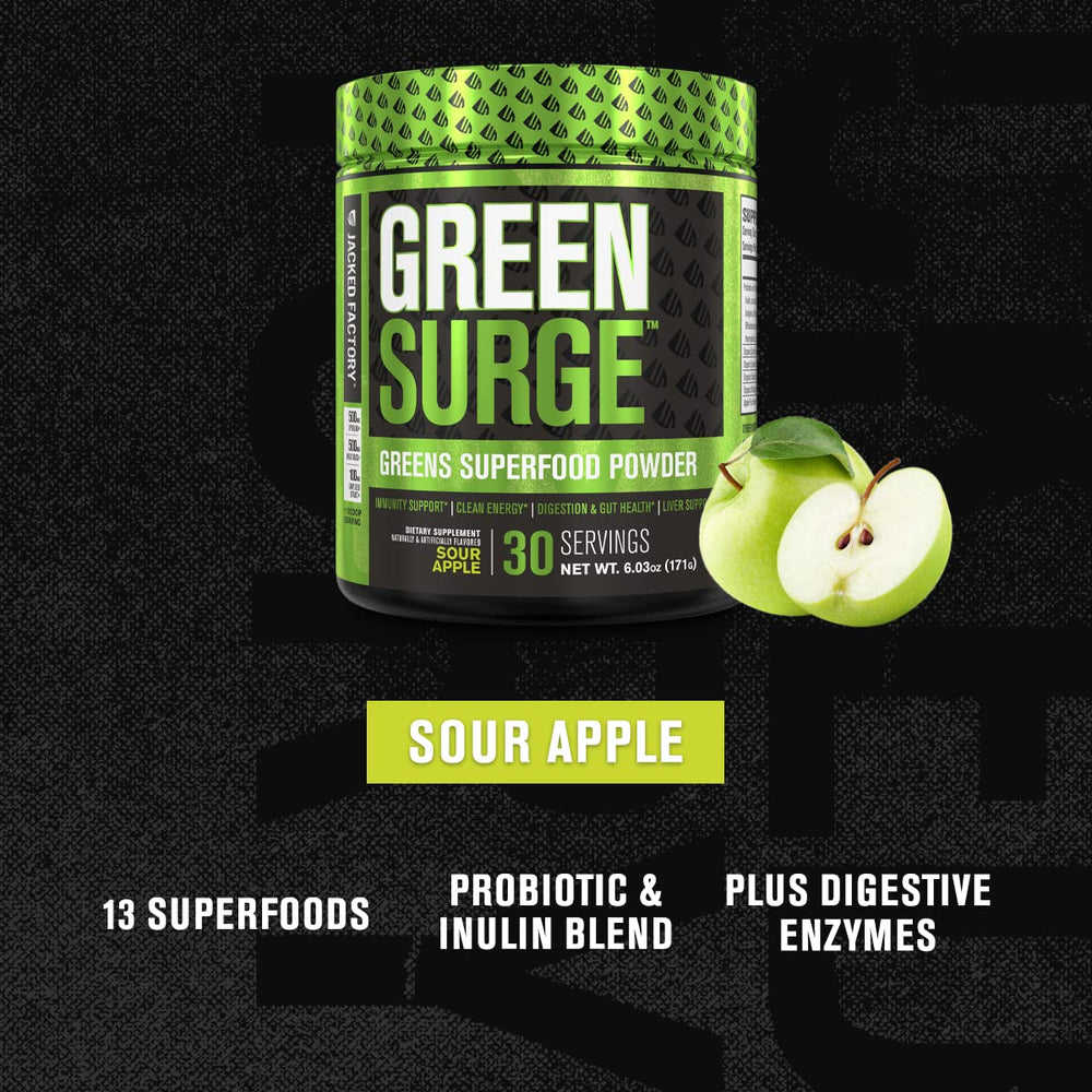 Jacked Factory Green Surge spoon-ready serve demonstrates easy smoothie preparation.