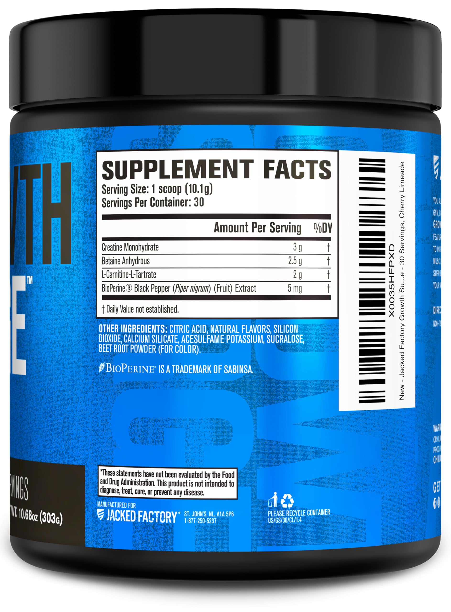 Jacked Factory Growth Surge bottle and measuring scoop for daily use.