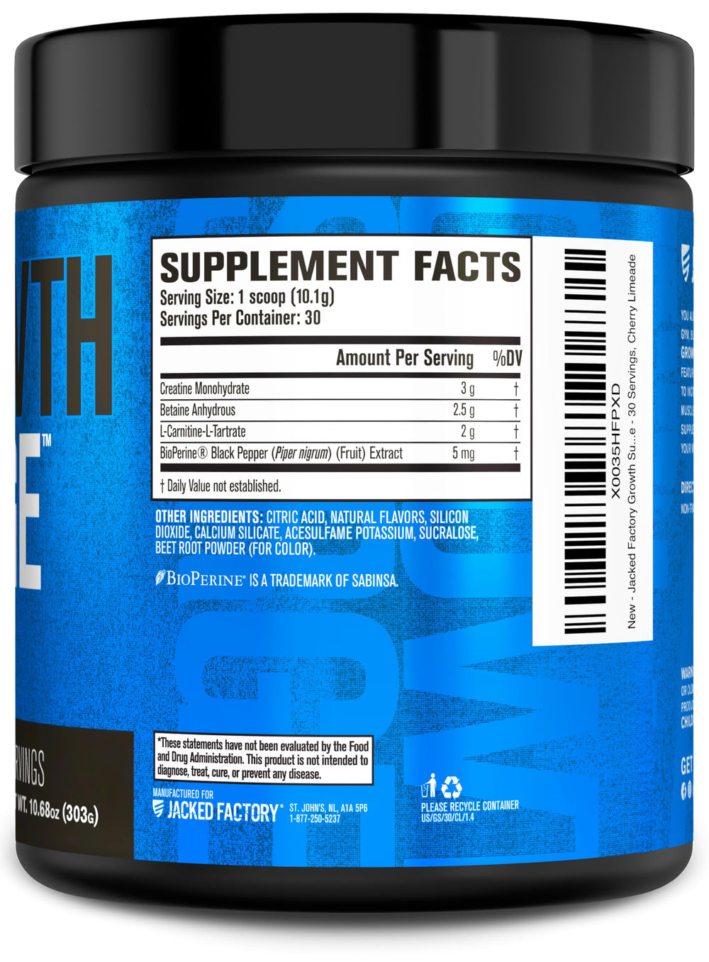Jacked Factory Growth Surge bottle and measuring scoop for daily use.
