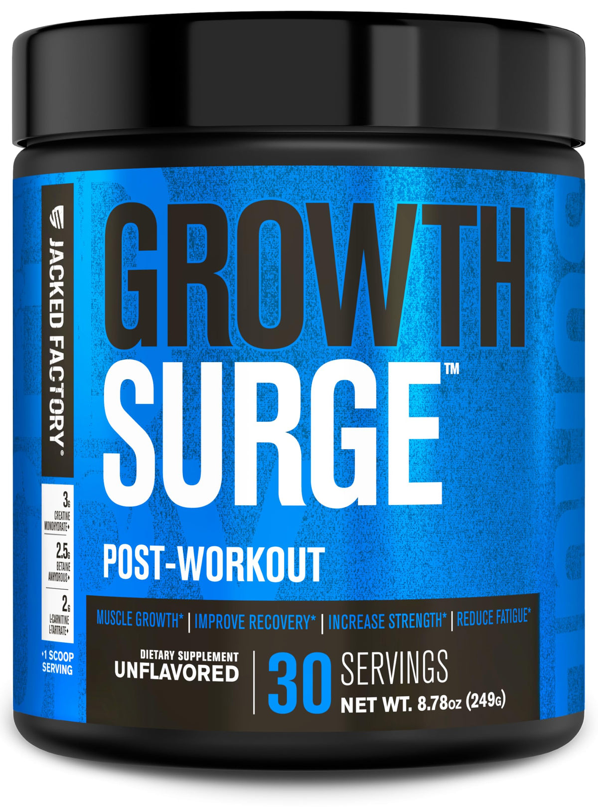Jacked Factory Growth Surge bottle front view supports post-workout recovery.