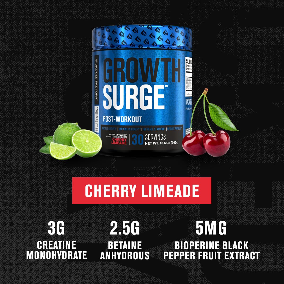 Jacked Factory Growth Surge label close-up highlighting creatine monohydrate.
