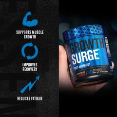 Jacked Factory Growth Surge serving scoop beside bottle after training.