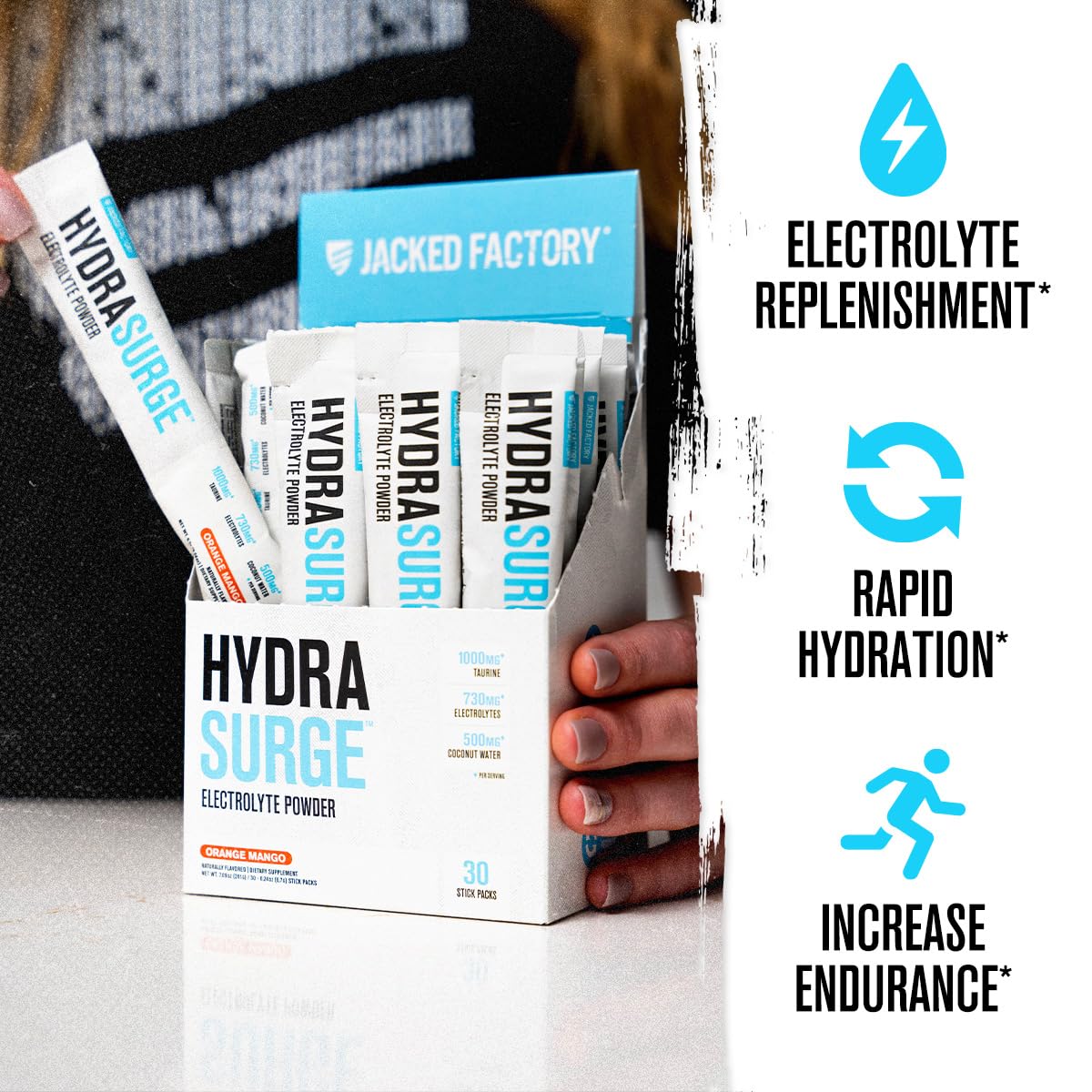Jacked Factory Hydrasurge open pack ready to mix electrolyte powder