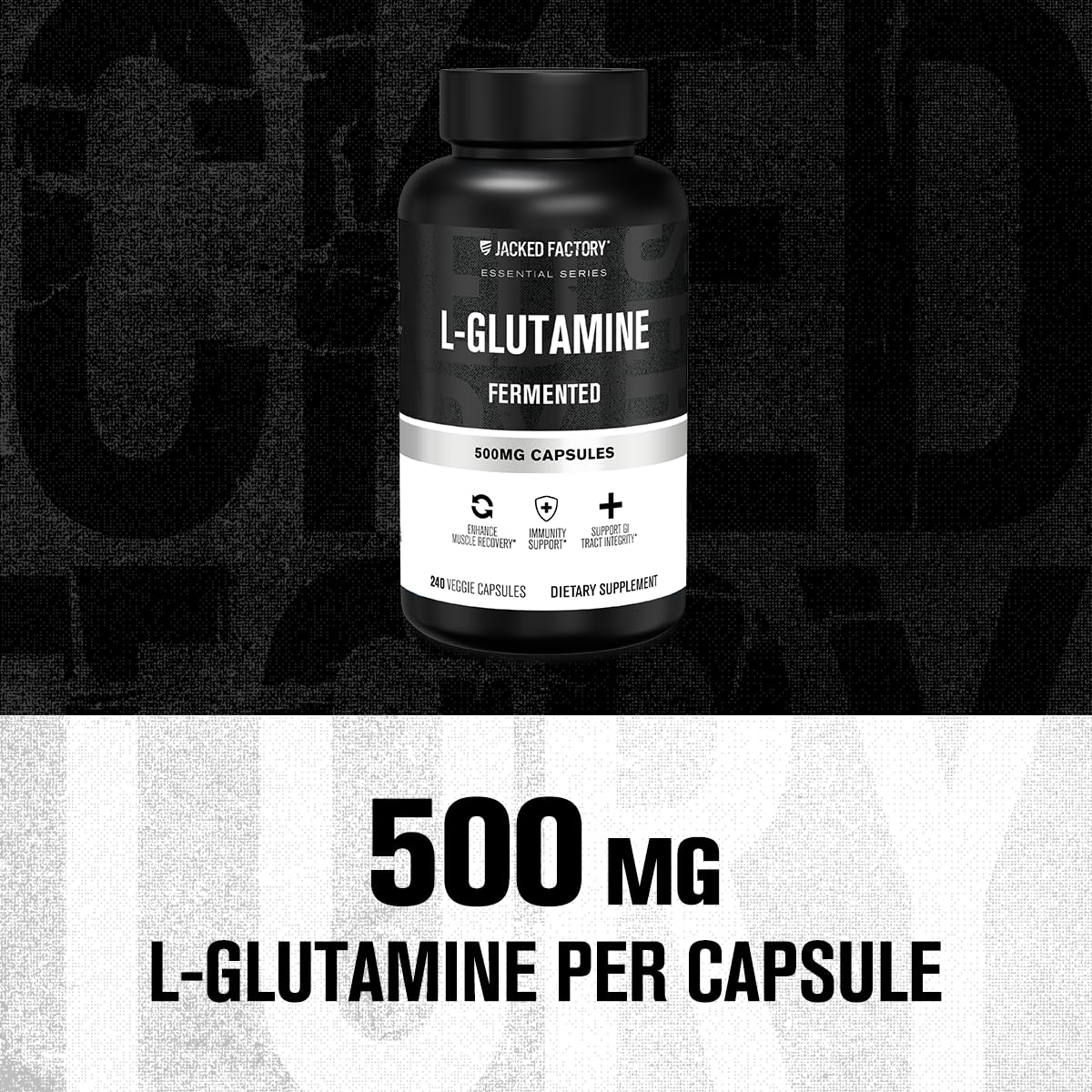Close-up of vegan fermented L-Glutamine capsules from Jacked Factory.