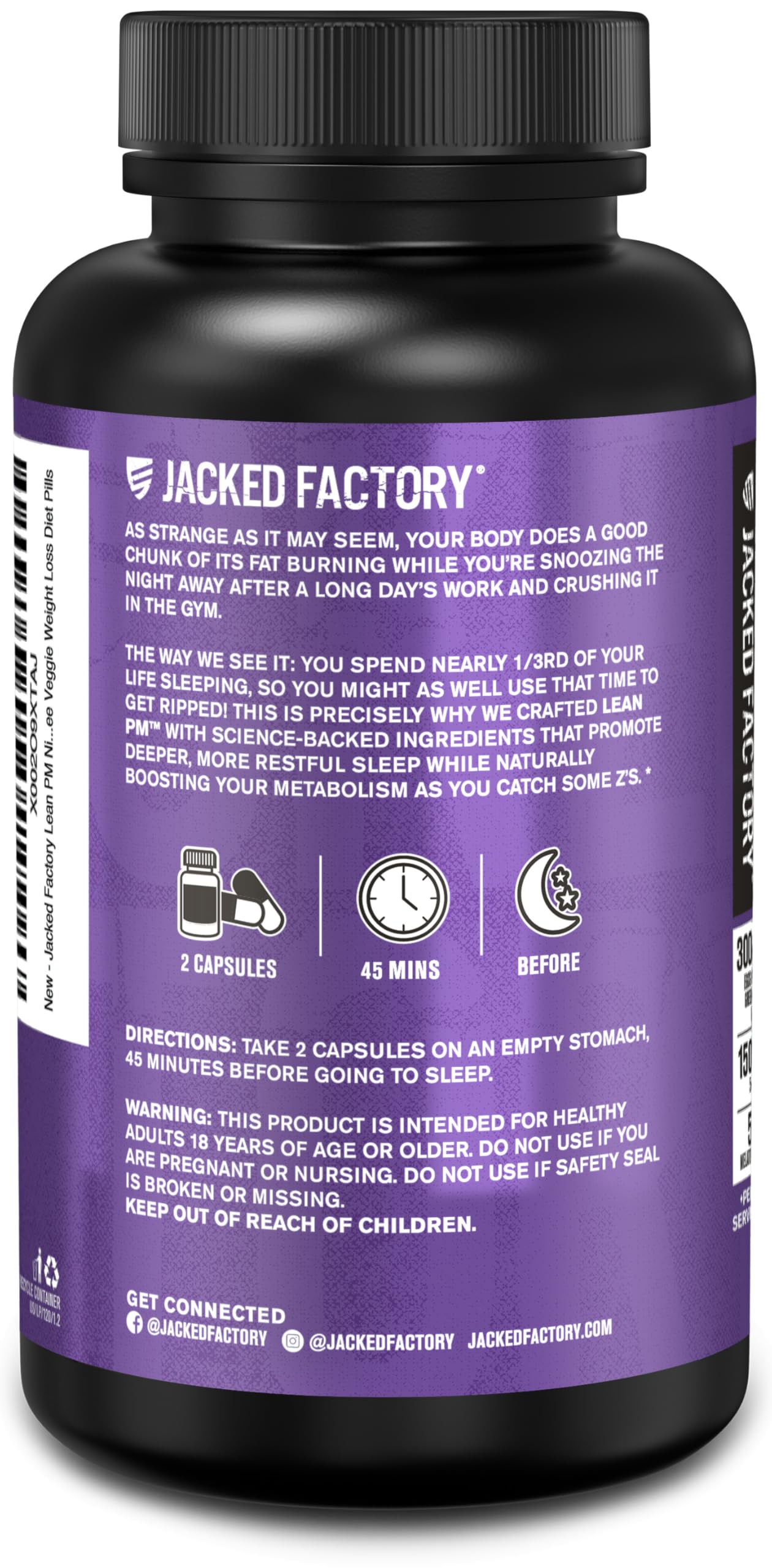 Jacked Factory Lean PM veggie pills on display promoting stimulant-free fat loss