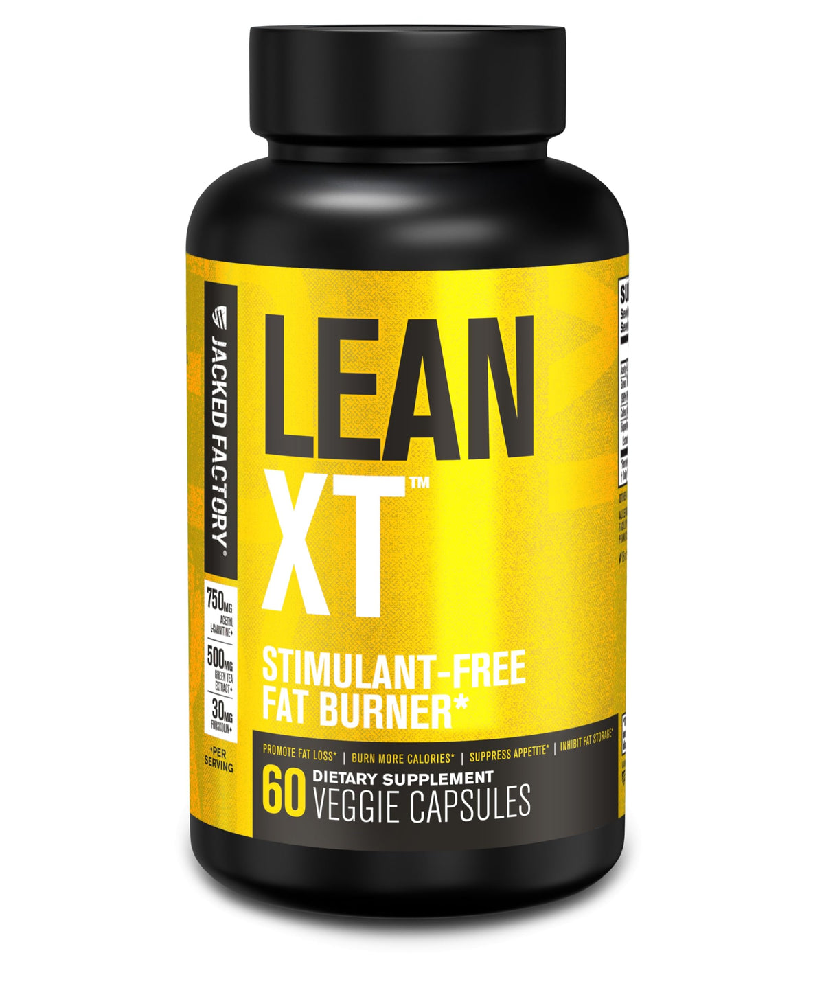 Jacked Factory Lean-XT bottle front promoting caffeine-free fat burning and appetite support.