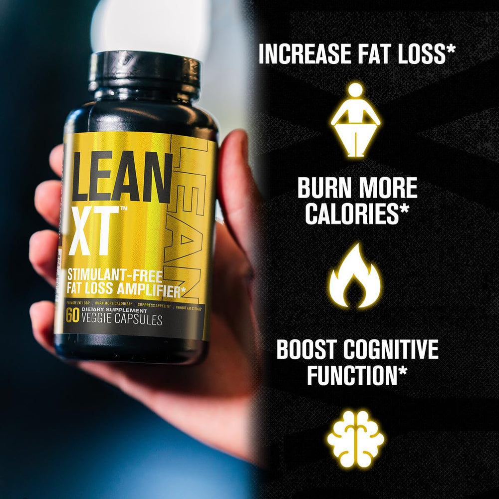 Lean-XT capsules closeup highlights non-stimulant formula for fat loss and muscle preservation.
