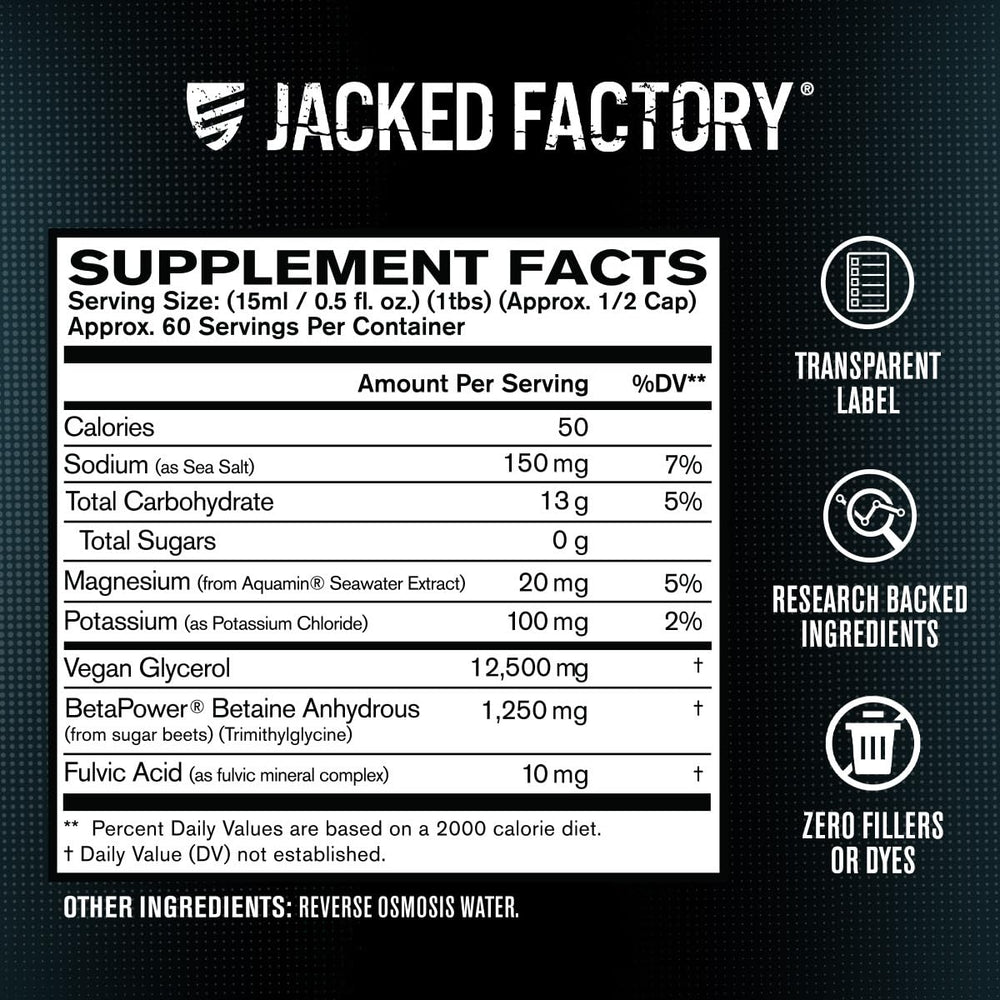 Jacked Factory Liquid Glycerol Aquamin Magnesium symbol suggests reliable hydration support.