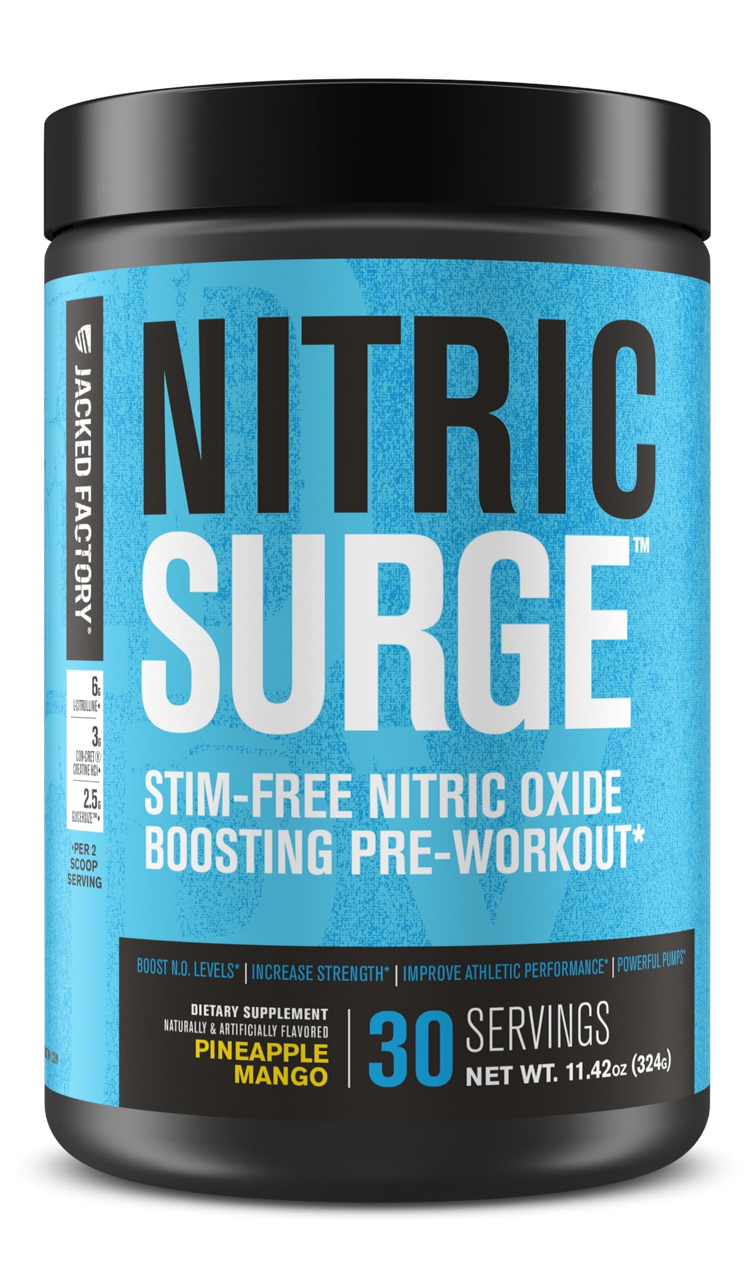 Jacked Factory Nitric Surge bottle pour shows caffeine-free pre-workout benefits for clean pumps.