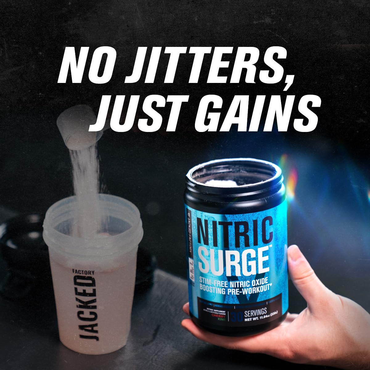 Jacked Factory Nitric Surge label closeup highlights premium ingredients for improved blood flow.