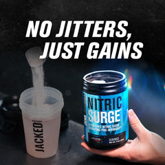 Jacked Factory Nitric Surge label closeup highlights premium ingredients for improved blood flow.