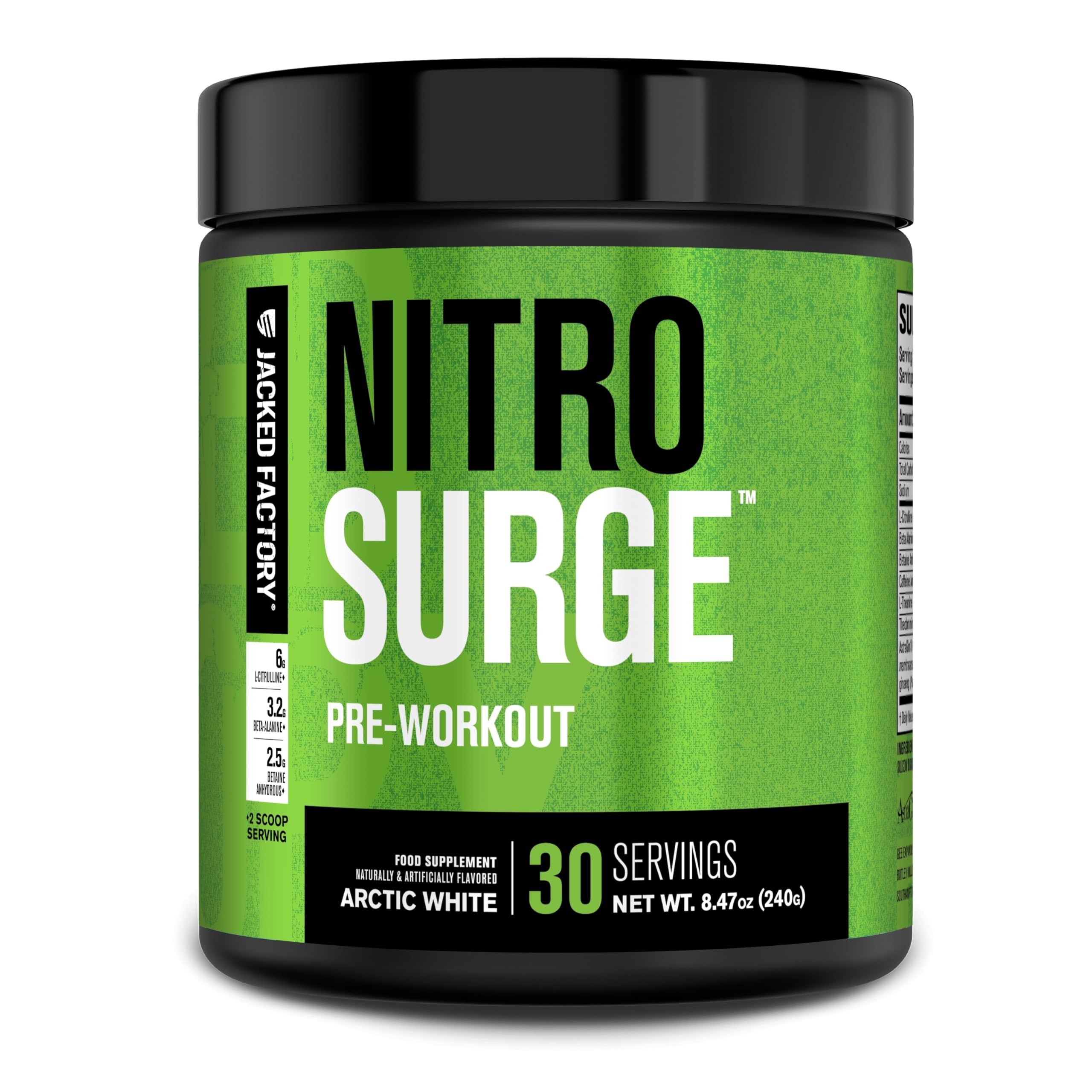 Jacked Factory Nitrosurge Arctic White bottle ready for a workout with lasting energy.