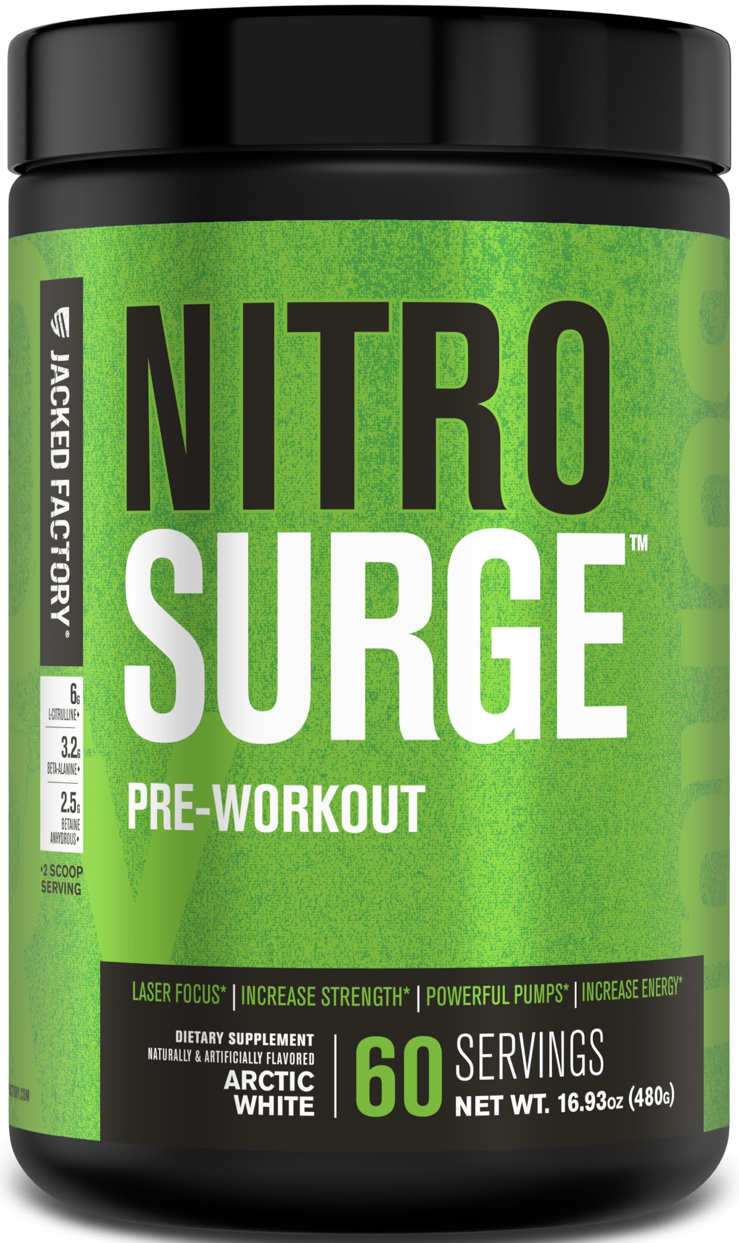 Jacked Factory Nitrosurge Arctic White canister ready for a powerful pre-workout session.