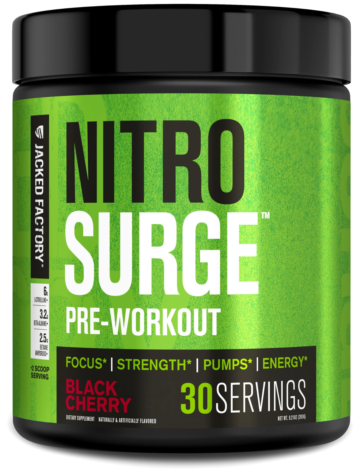 Jacked Factory Nitrosurge Black Cherry tub showing packaging for energy and focus