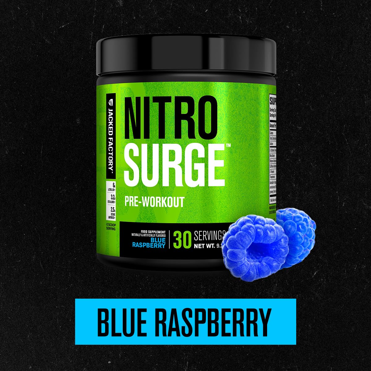 Jacked Factory Nitrosurge blue raspberry bottle front showing clean branding