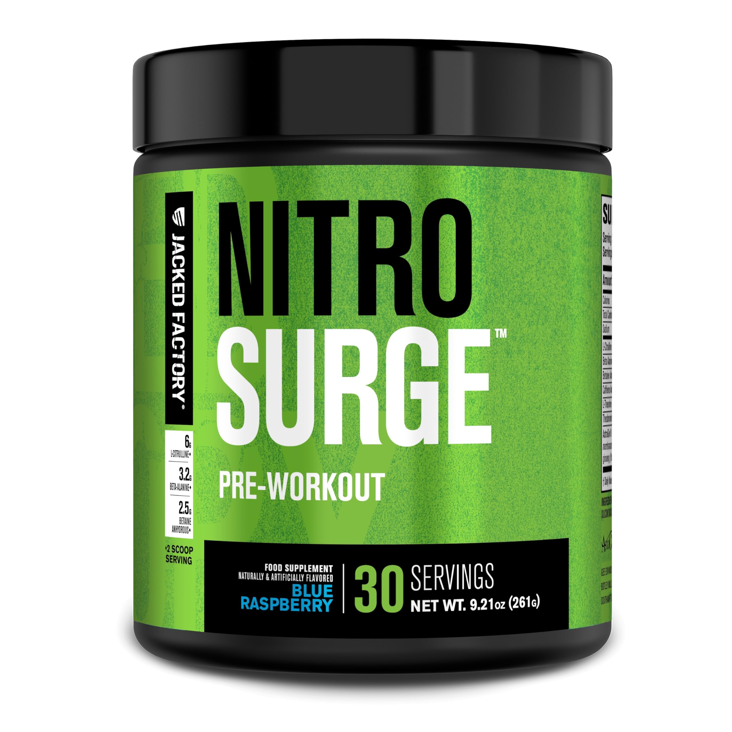 Jacked Factory Nitrosurge blue raspberry powder with scoop for quick energy during workouts