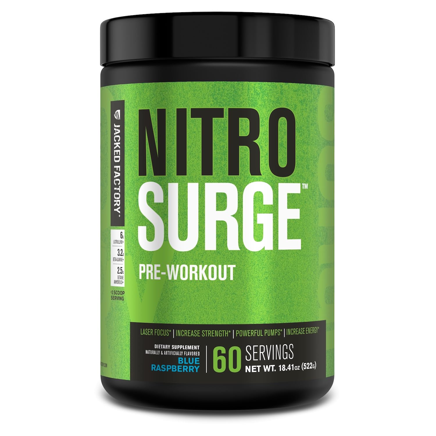 Jacked Factory Nitrosurge bottle with blue raspberry flavor for pre-workout energy