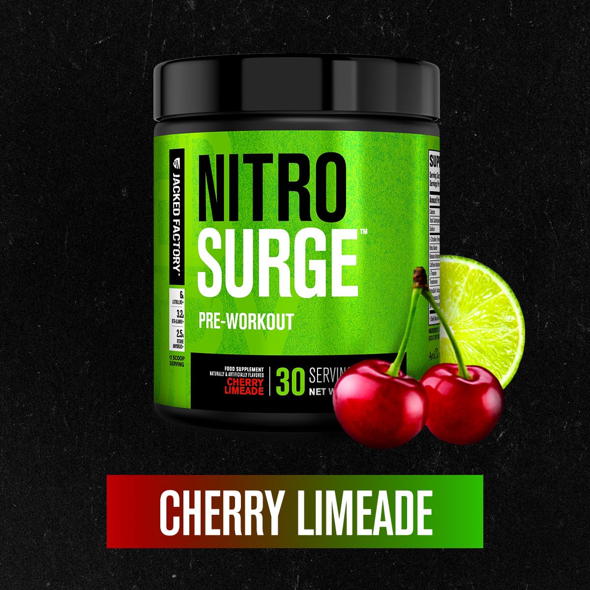 Nitrosurge scoop beside glass highlighting clean ingredients and no creatine
