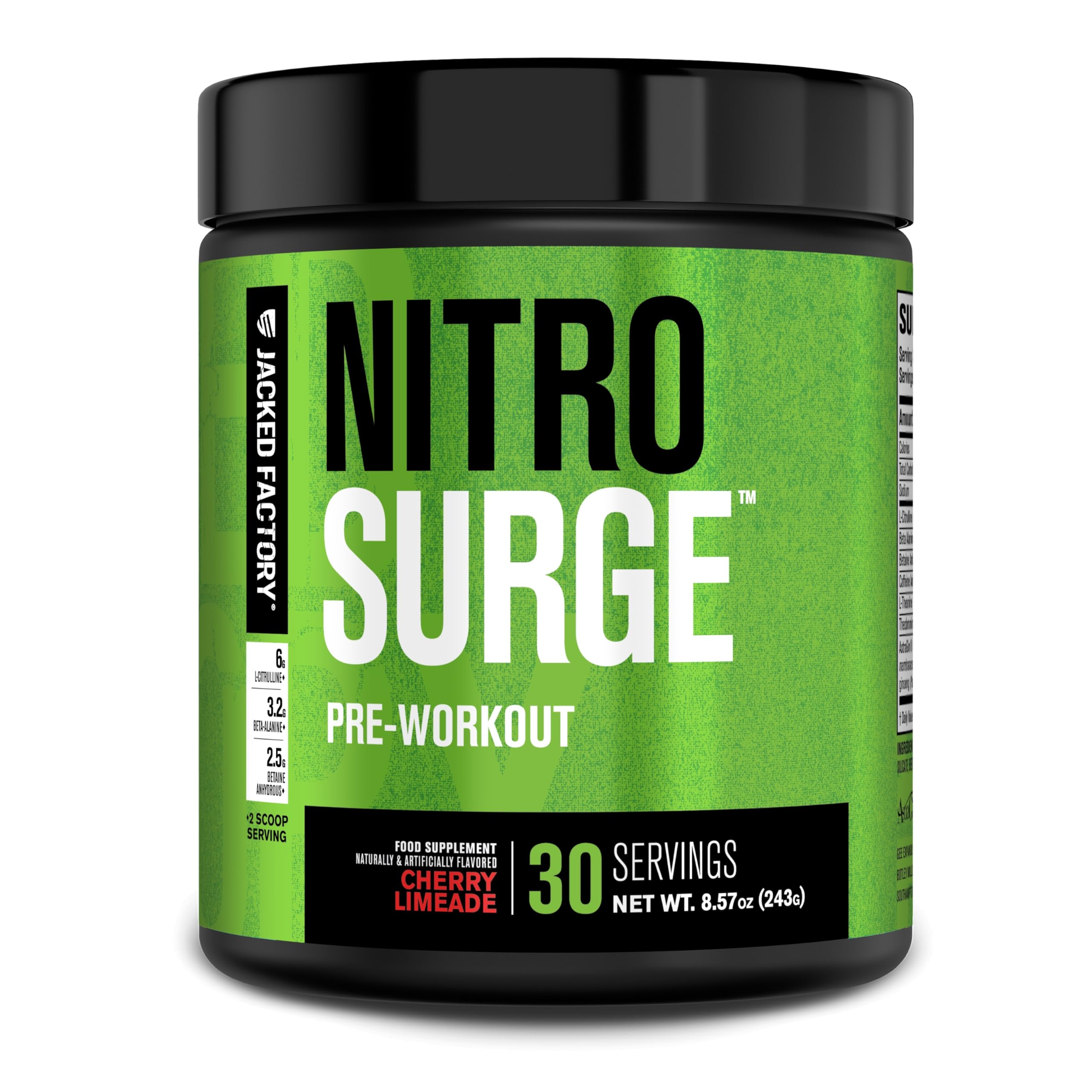 Jacked Factory Nitrosurge Cherry Limeade tub with scoop for sustained energy during workouts