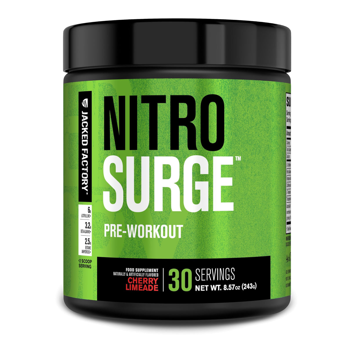 Jacked Factory Nitrosurge Cherry Limeade tub with scoop for sustained energy during workouts