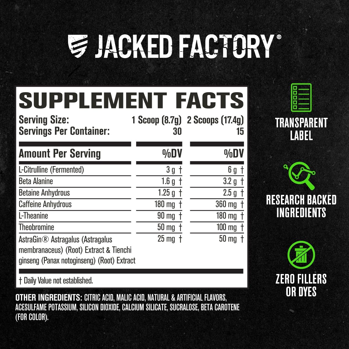 Bottle highlighting caffeine content and no creatine in the formula