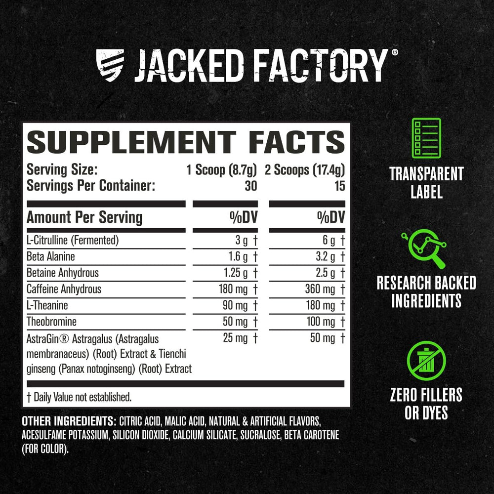 Bottle highlighting caffeine content and no creatine in the formula