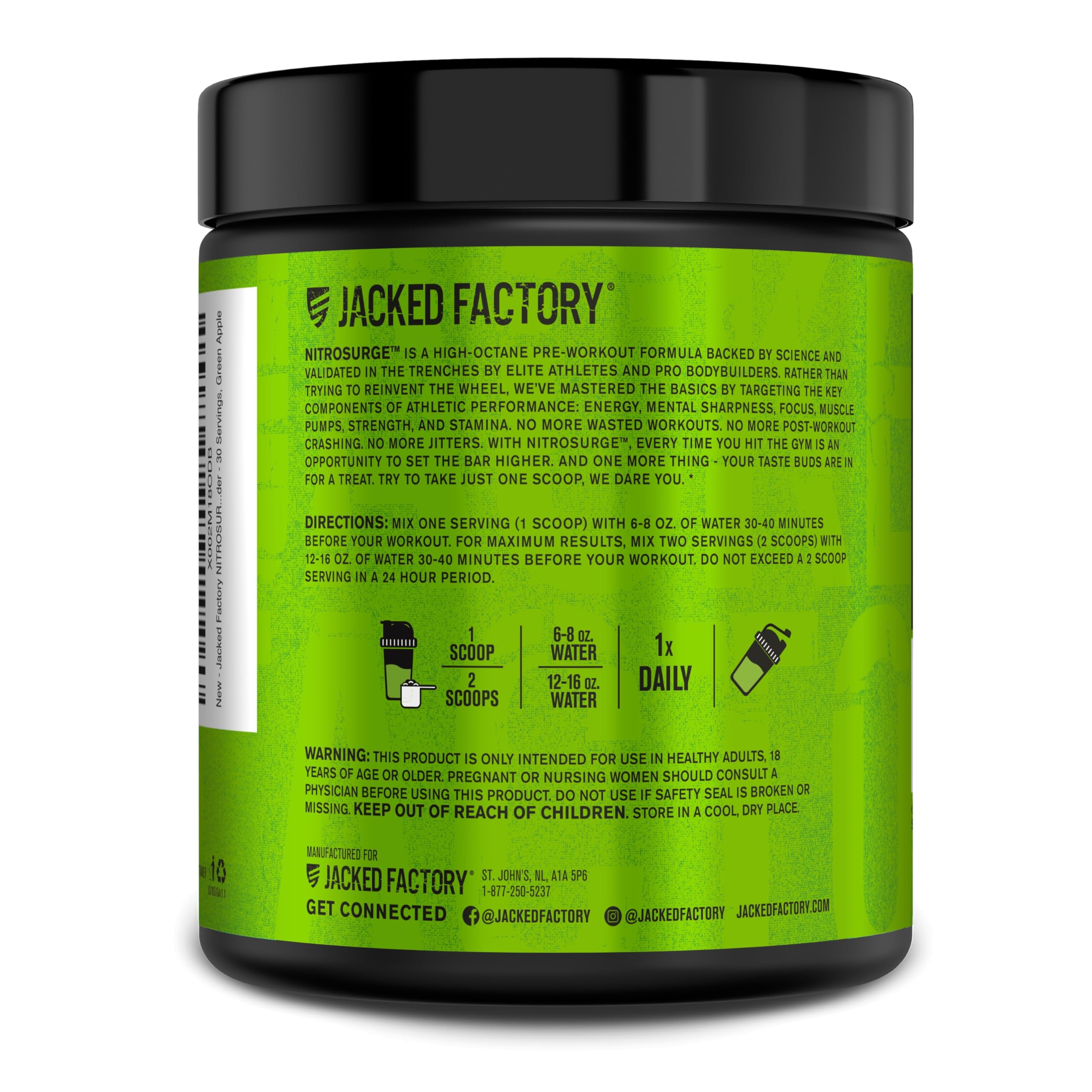 Jacked Factory Nitrosurge Green Apple powder in shaker shows ready-to-drink potential.