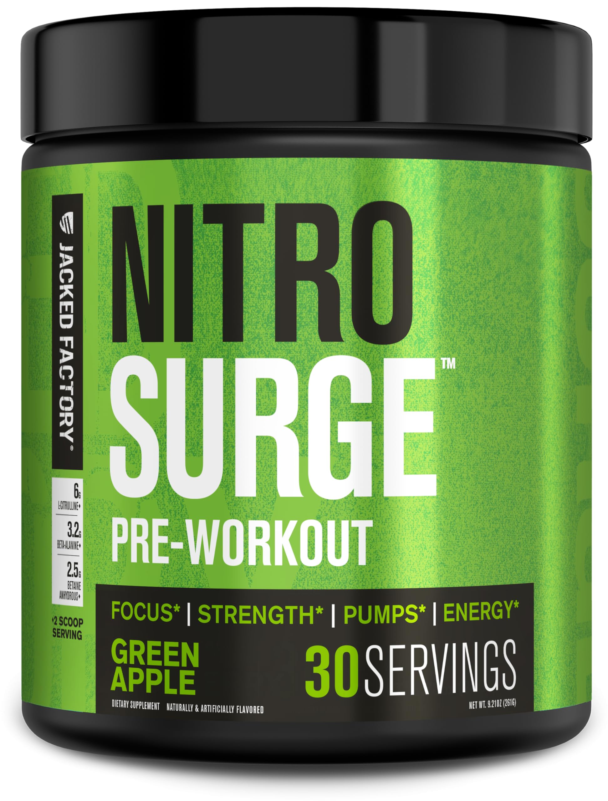 Jacked Factory Nitrosurge Green Apple tub highlights sustained energy for intense workouts.