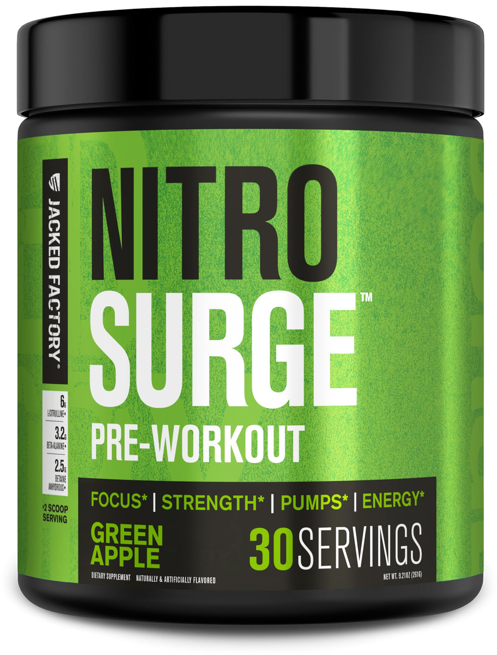 Jacked Factory Nitrosurge Green Apple tub highlights sustained energy for intense workouts.