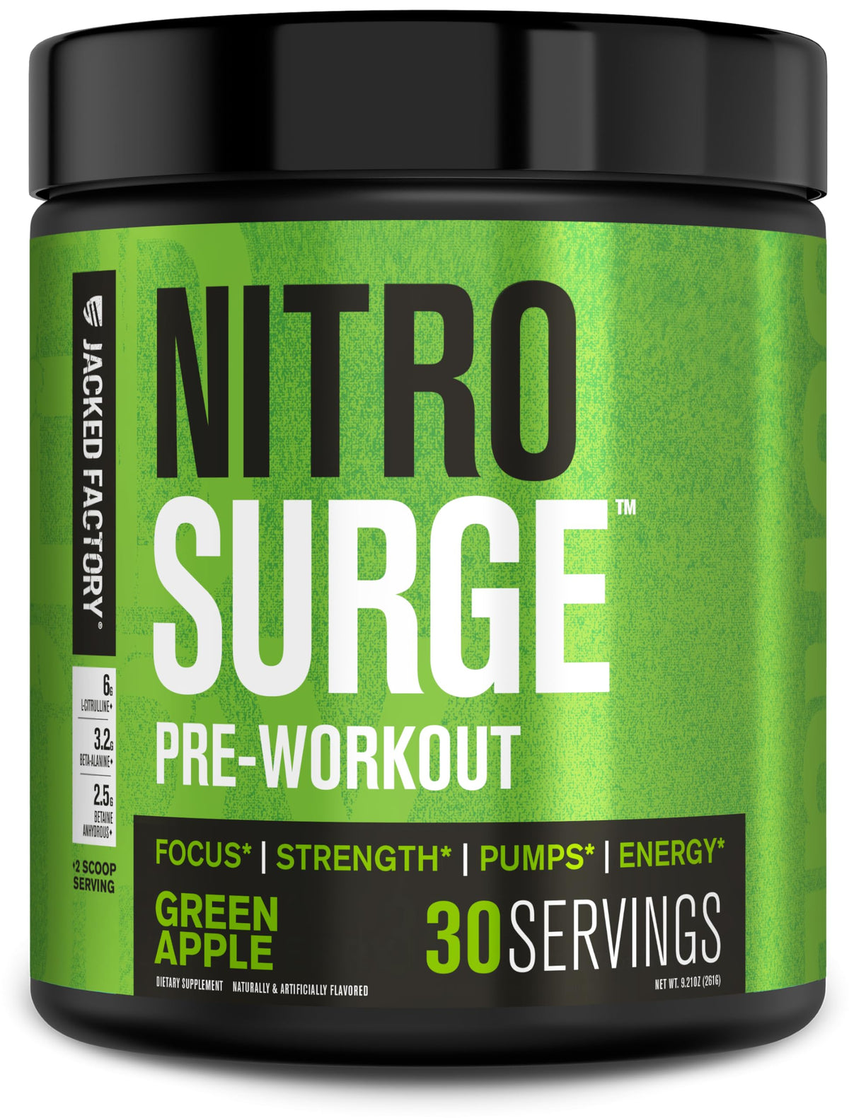 Jacked Factory Nitrosurge Green Apple tub highlights sustained energy for intense workouts.