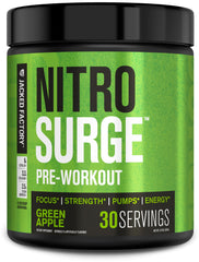 Jacked Factory Nitrosurge Green Apple tub highlights sustained energy for intense workouts.