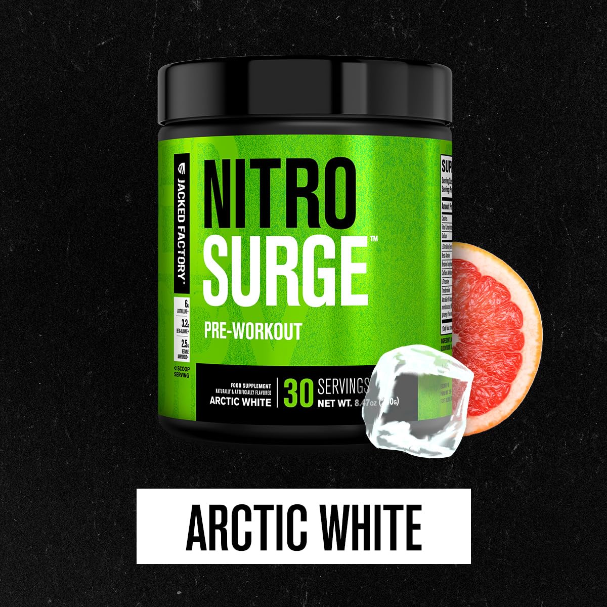 Nitrosurge powder scoop with label highlighting clean ingredients and focus potential.