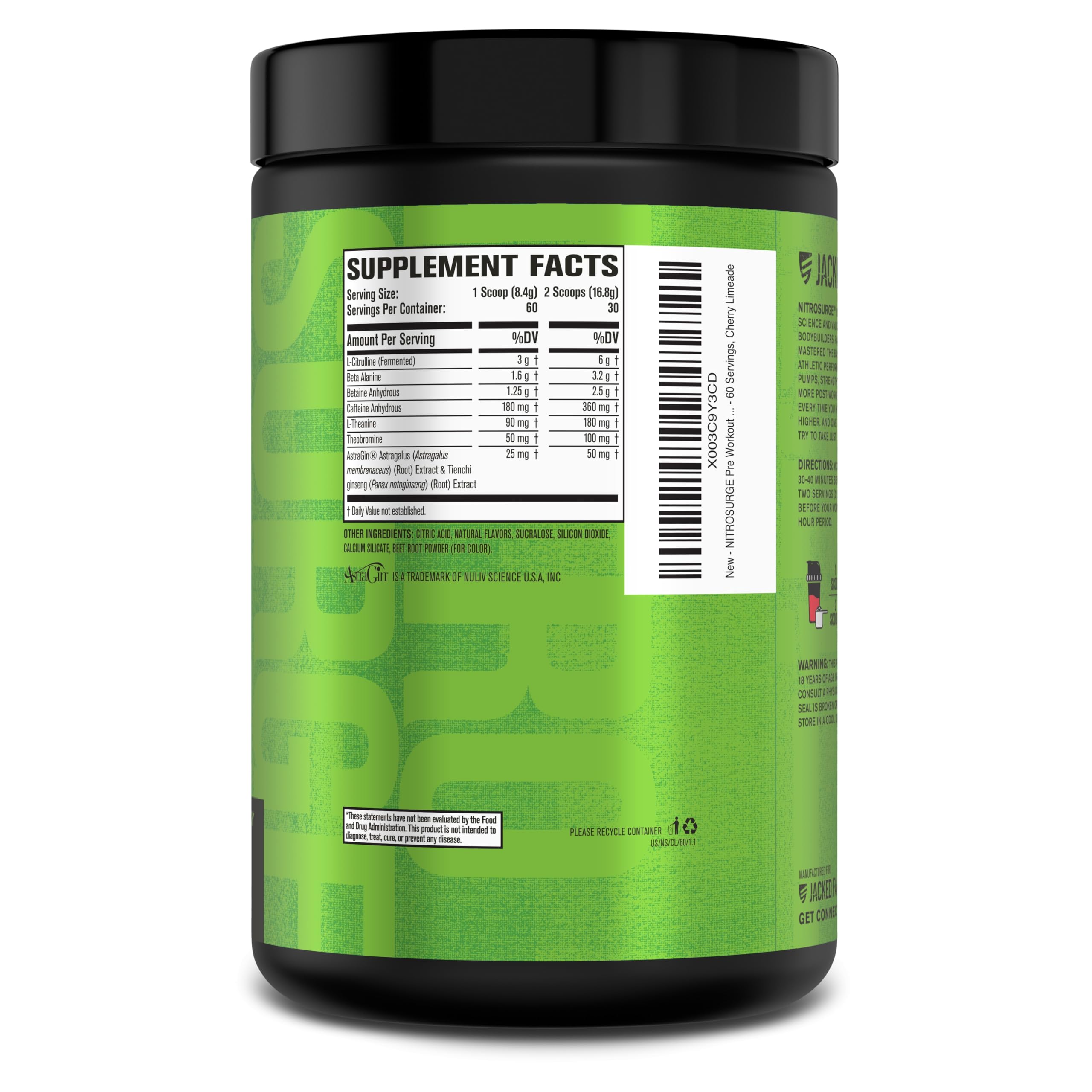 Jacked Factory Nitrosurge bottle with glass and gym gear ready to train