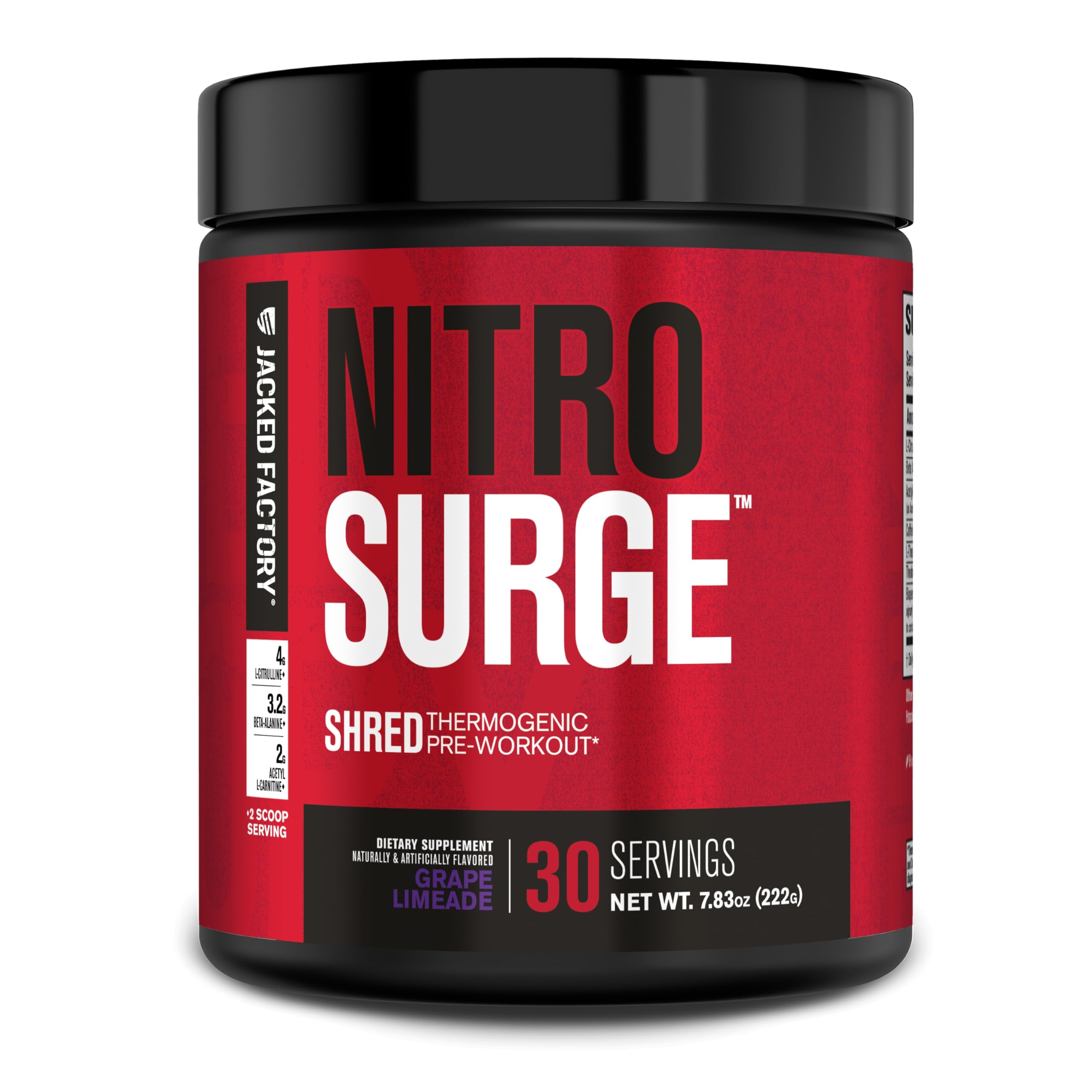 Jacked Factory Nitrosurge Shred bottle with grape limeade flavor boosts pre workout energy