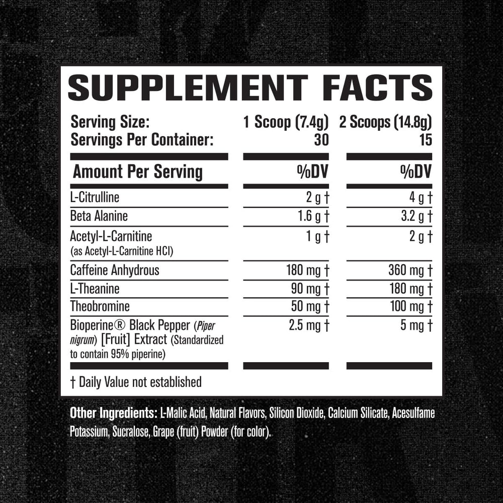 Ingredients list emphasizes nitric oxide boost and thermogenic blend