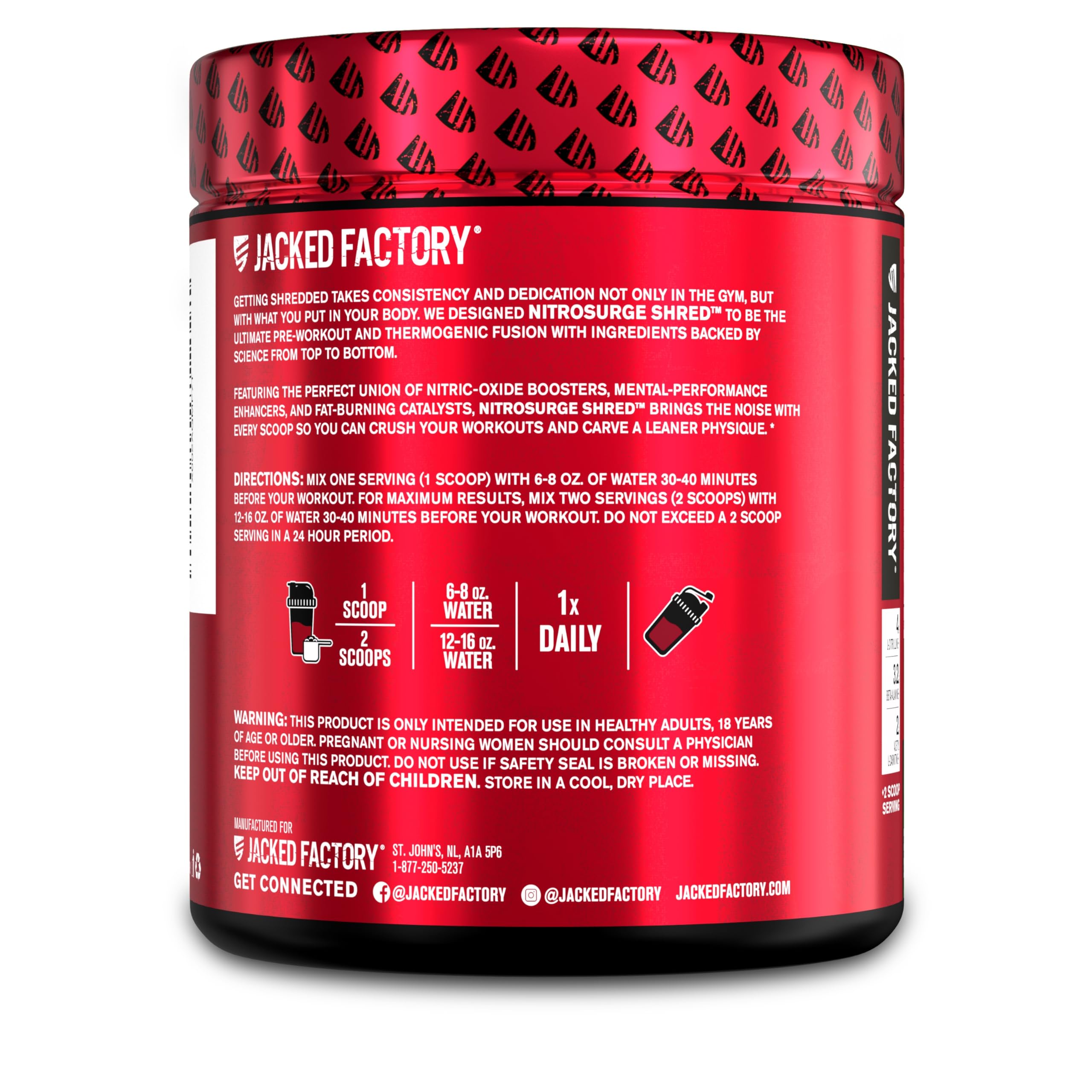 Ingredients list graphic on Nitrosurge Shred packaging highlights NO and thermogenic blend