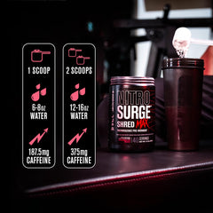 Close-up of Nitrosurge Shred Max label highlighting organic caffeine blend.