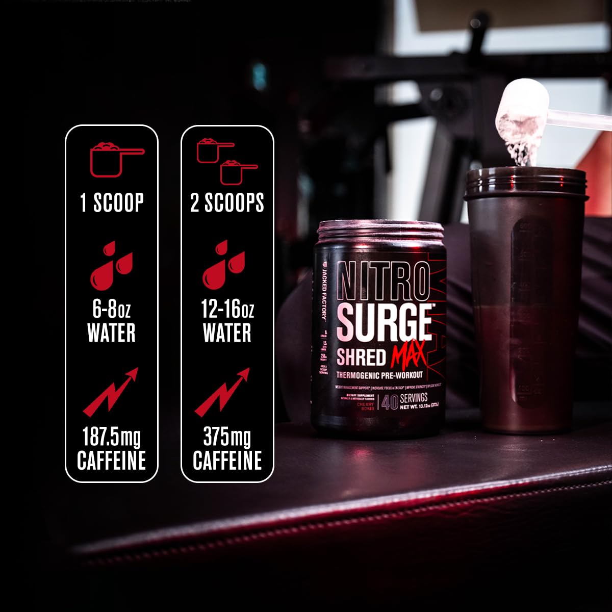 Jacked Factory Nitrosurge Shred Max powder scoop ready for mixing to fuel a demanding workout