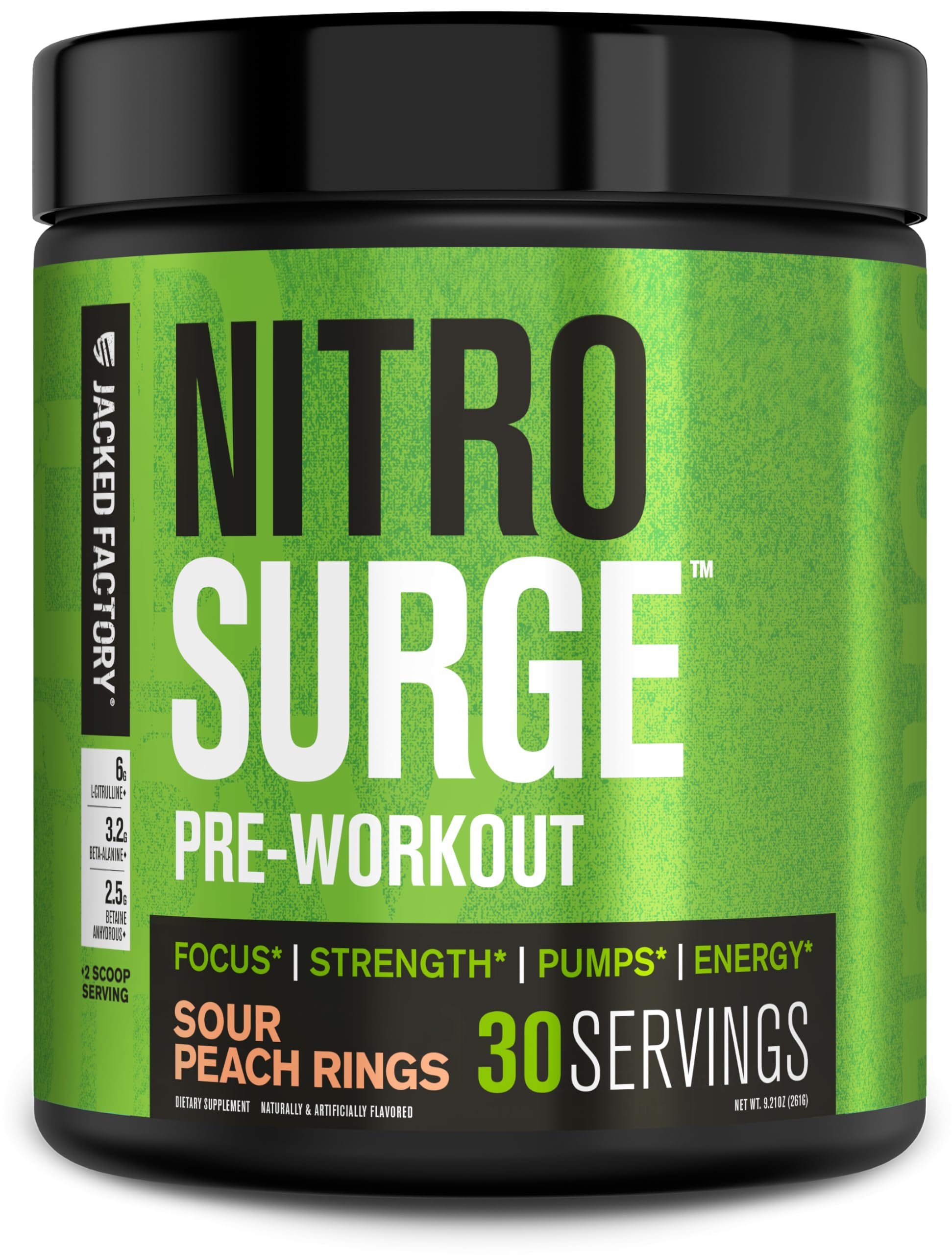 Jacked Factory Nitrosurge Sour Peach Rings powder in a scoop for quick pre-workout energy