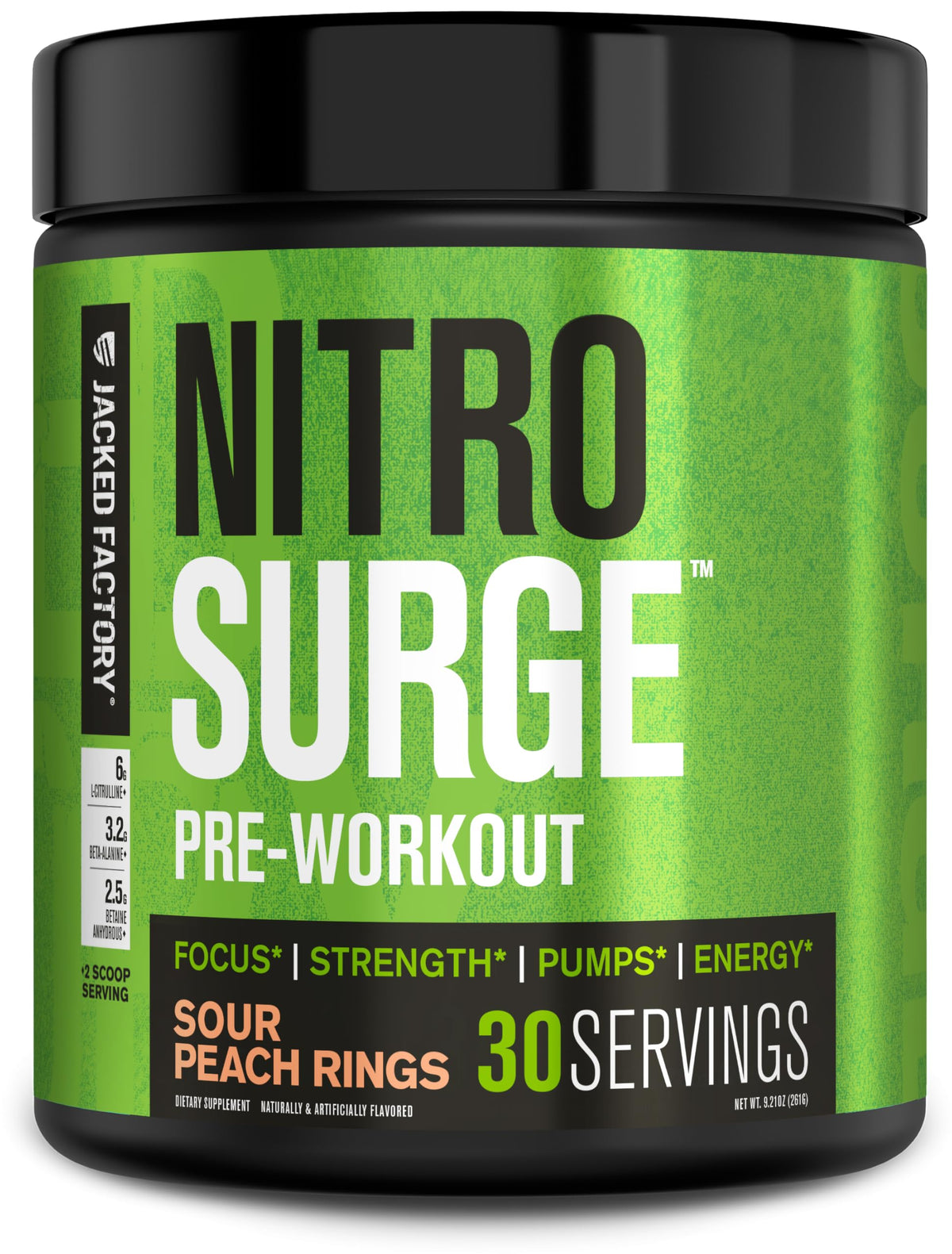 Jacked Factory Nitrosurge Sour Peach Rings powder in a scoop for quick pre-workout energy